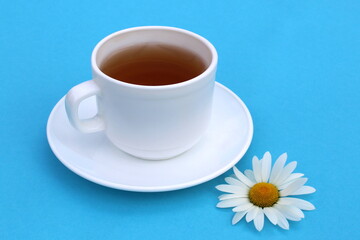 A white cup of chamomile tea stands on a blue background.