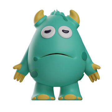 3D illustration. 3D Cute Monster character cartoon with weird expression. standing pose. has two horns on the head. 3D Cartoon Character