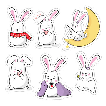 Cute set of baby animals rabbits stickers in cartoon kawaii style. Vector characters bunny bundle for kids.