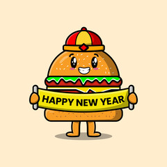 Cute cartoon Burger chinese character holding happy new year board illustration