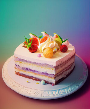 comfort food: delicious slice of sponge cacke filled with different sweet creams and fruits and candy decoration on top, digital art made with generative AI