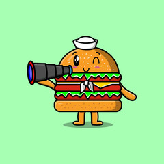 Cute cartoon Burger sailor with hat and using binocular cute modern style design