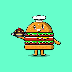 Cute Cartoon chef Burger character serving cake on tray cute style design in flat cartoon style