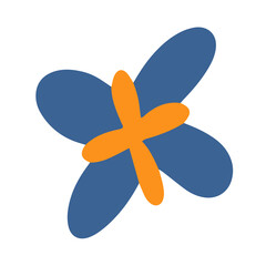 Simple and cute blue and orange flower in childish hand drawn illustration style for design element