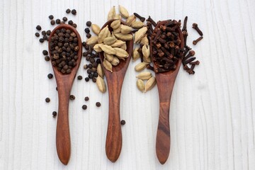 Black Pepper, Clove and Cardamom or Cardamon in Wooden Spoons Isolated on White Wooden Background
