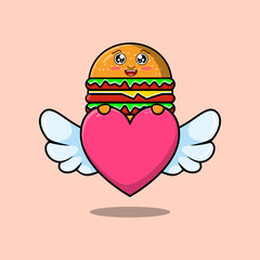 cute cartoon Burger character hiding heart in flat cartoon style illustration 