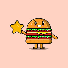 Cute cartoon Burger character holding big golden star in cute modern style design illustration