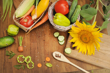 Copy space authentic wooden background with assorted raw vegetables