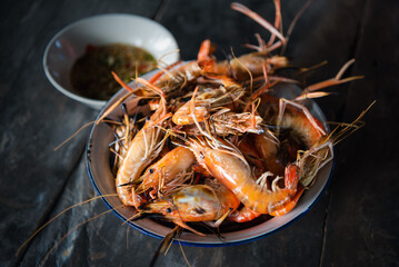 Grilled shrimp (Giant freshwater prawn) at market