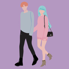 Young couple going somewhere, man and woman walking together, Romantic and love concept. 