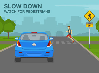 Pedestrian safety and car driving rules. Male character running on crosswalk. Slow down and watch for pedestrians, they have right of way over vehicles on crosswalk. Flat vector illustration template.