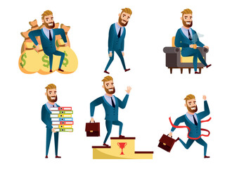 A set of young bearded businessman in different poses and actions