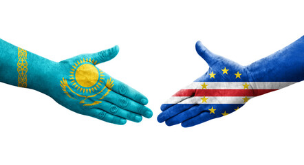 Handshake between Cape Verde and Kazakhstan flags painted on hands, isolated transparent image.