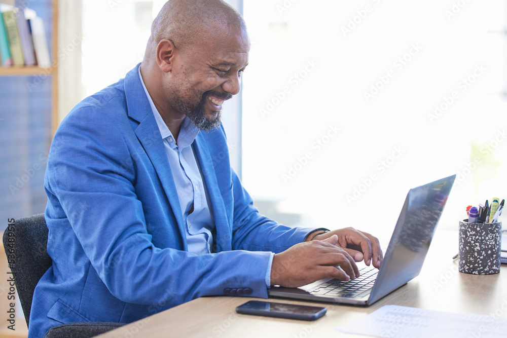 Canvas Prints Business man, laptop and smile while typing communication, email or social media post at work. Black man, happy and computer for online research, office and writing to client, employee or customer