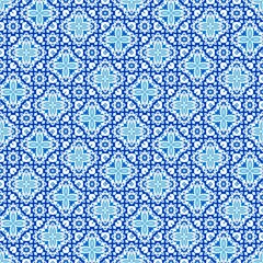 Blue white watercolor azulejos tile background. Seamless coastal geometric floral mosaic effect. Ornamental arabesque all over summer fashion damask repeat