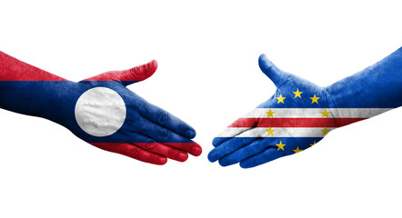 Handshake between Cape Verde and Laos flags painted on hands, isolated transparent image.