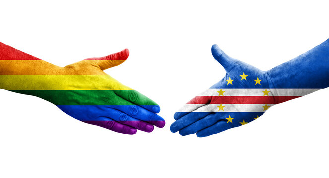 Handshake between Cape Verde and LGBT flags painted on hands, isolated transparent image.