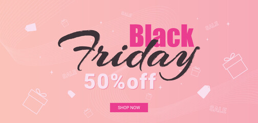texts black friday sale 50 off on soft pink background with stars price tags thin abstract ribbons and gifts