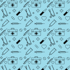 medical pattern with pills medical case syringe scissors scalpel ointment tube hearts ampules crosses
