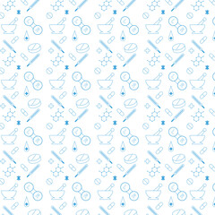 medical pattern with pills mortar and pestle thermometer drops lens case crosses molecules