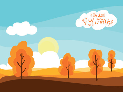 Autumn landscape background. Beautiful autumn landscape, mid-autumn. Orange trees stand on the hills, beautiful blue sky, clouds, sun. Vector illustration. 