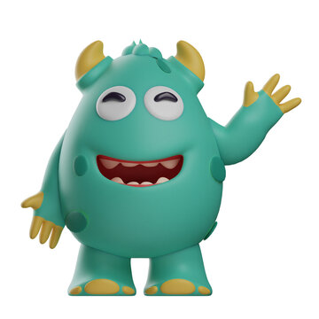  3D illustration. 3D Cute Monsters Images say hello. standing in a waving pose. showing a happy smile. 3D Cartoon Character