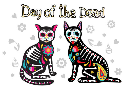 Day of the dead, Dia de los muertos, dog and cat skulls and skeleton decorated. Colorful Mexican traditional symbols, elements and flowers. Fiesta, Halloween, holiday poster, party flyer. Vector