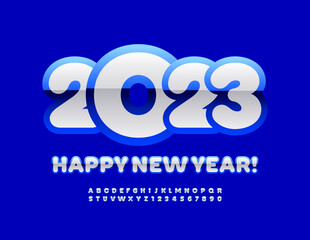 Vector bright Greeting Card Happy New Year 2023! Glossy White and Blue Font. Modern Creative Alphabet Letters and Numbers set