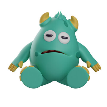  3D illustration. 3D Cute Monster Cartoon is feeling sleepy. sitting on the floor with eyes closed. showing a tired face. 3D Cartoon Character
