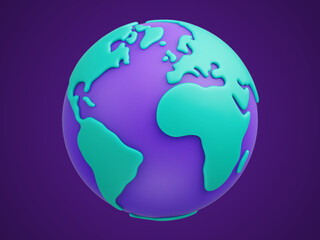 Cartoon planet Earth 3d vector icon in turquoise and purple colors. Abstract futuristic planet symbol. Earth day or environment conservation concept
