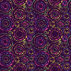 Abstract mandalas vintage geometric seamless pattern. Boho neon color on dark background retro style. Vector design for floor, background, wall, texture, fabric, textile, clothing, wallpaper, tiles.