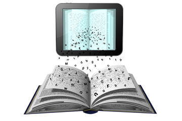 PNG, trasparente. Lettere si staccano da pagine libro per andare in tablet, e-book © massimo_g