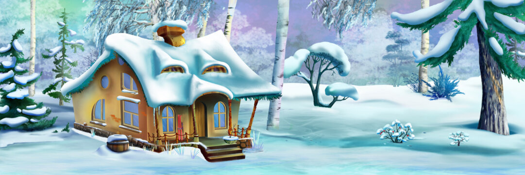 Hut in the winter forest illustration