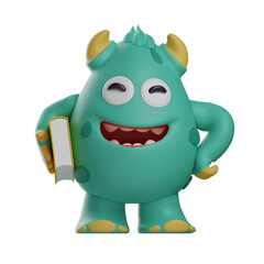 3D illustration. 3D Cute Monster character design holding a book. hands are on the waist. laughing showing his teeth. 3D Cartoon Character
