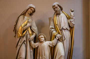 Sculpture of the Holy Family – Jesus, Mary and Joseph in the St Alphonse church in Luxembourg City, Luxembourg. 2021/07/04.