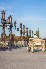 The rider drives a white carriage through the territory of the tourist complex. Elements of Gothic