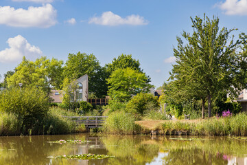 Fototapeta na wymiar Modern green neighbourhood Nienoordsrand with park in Leek municipality Westerkwartier in Groningen province the Netherlands