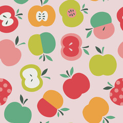 Vector seamless pattern with abstract apples on pink background. Flat style fruit. Hand drawn vector garden fruit illustration. For textiles, clothing, bed linen, office supplies.