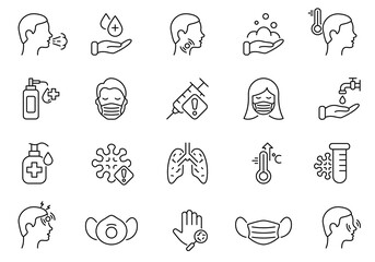 Virus and Flu Line Icon Set. Coronavirus Symptoms, Safety, Mask Protection, Prevention and Flu Disease Pictogram. Washing Hand and Sanitizer Icon. Editable stroke. Vector illustration