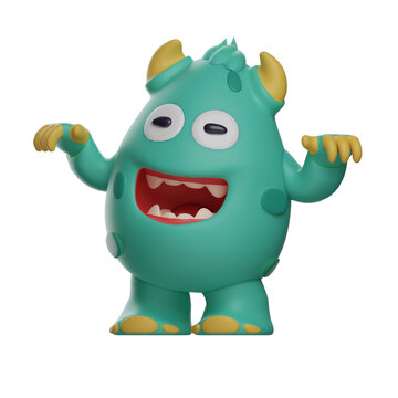 3D illustration. 3D Cute Monster Cartoon character has a happy smile. with a cute pose. have hair on the head. 3D Cartoon Character