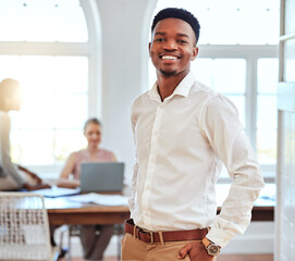 Black man, business and portrait of leader in a meeting with a smile for success and proud leadership at the office. Happy and confident African American male manager smiling for team conference