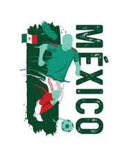 VECTOR. Editable poster for the Mexico football team, soccer player, uniform, flag © DanielaJGraphics