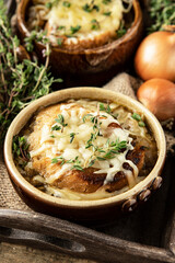 Onion soup with croutons and cheese
