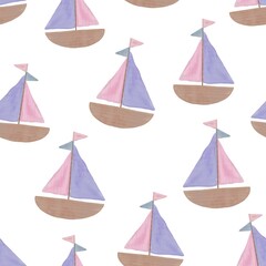 Beautiful cute seamless pattern of boats with pink and lilac sails. Background of watercolor sailboats in pastel colors for your design.