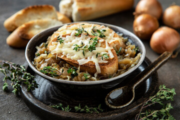 Bowl with French onion soup