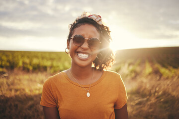 Happy, black woman and summer travel happiness of a person in nature. Portrait of a person from...