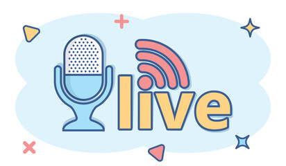 Microphone icon in comic style. Live broadcast vector cartoon illustration on white isolated background. Sound record business concept splash effect.