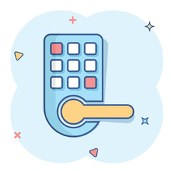 Wireless door lock sign icon in comic style. Smart home vector cartoon illustration on white isolated background. Remote system business concept splash effect.
