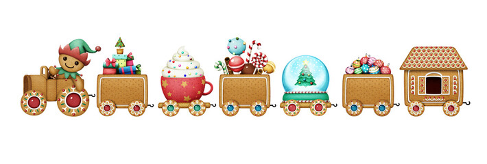 Isolated Set Cartoon cute  car  Christmas Gingerbread Train for Christmas or New Year holiday greeting card or wallpaper. 