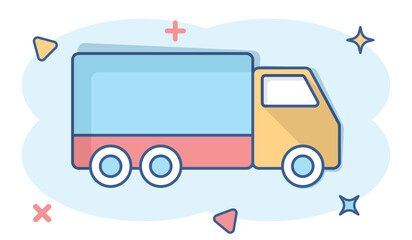 Delivery truck sign icon in comic style. Van vector cartoon illustration on white isolated background. Cargo car business concept splash effect.
